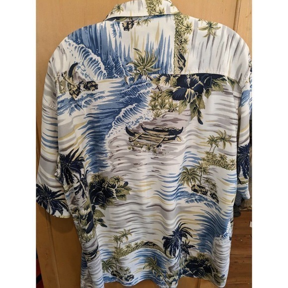 Silk Icon Hawaiian Shirt Button Up Short Sleeve Floral Tan Blue white Large - Picture 2 of 3